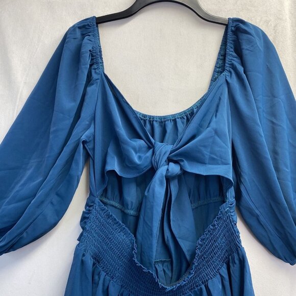 iGENJUN Off Shoulders Lantern Sleeve Smocked Backless A-Line Dress Women L Blue - Picture 14 of 16